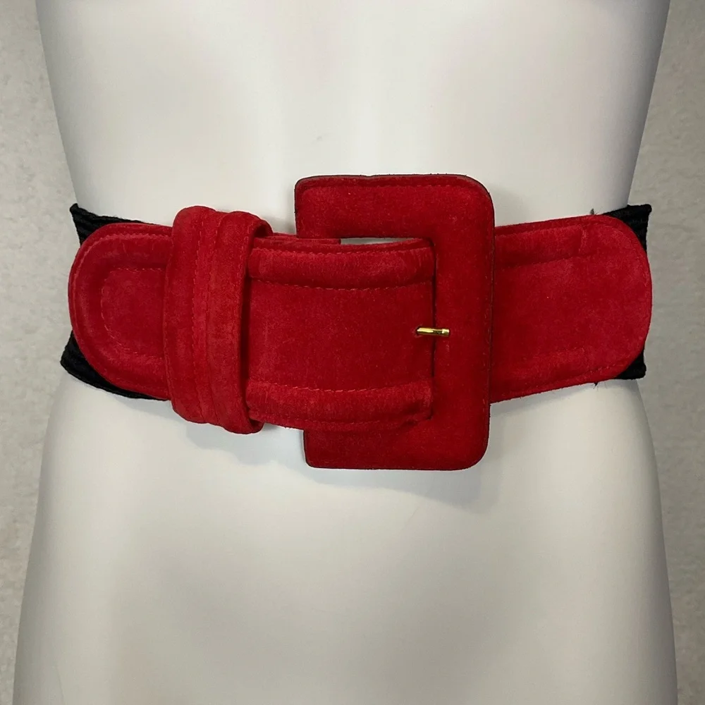 VINTAGE sz Small Belt Wide Buckle Stretch Red Black